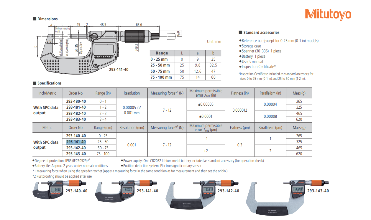Panme Điện Tử QuantuMike Mitutoyo 293-141-40 (25–50mm) NEW MDE Chính Hãng phân phối COCQ